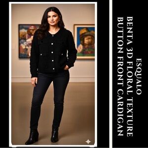 ESQUALO Benta Black 3D Floral Texture Button Front Cardigan